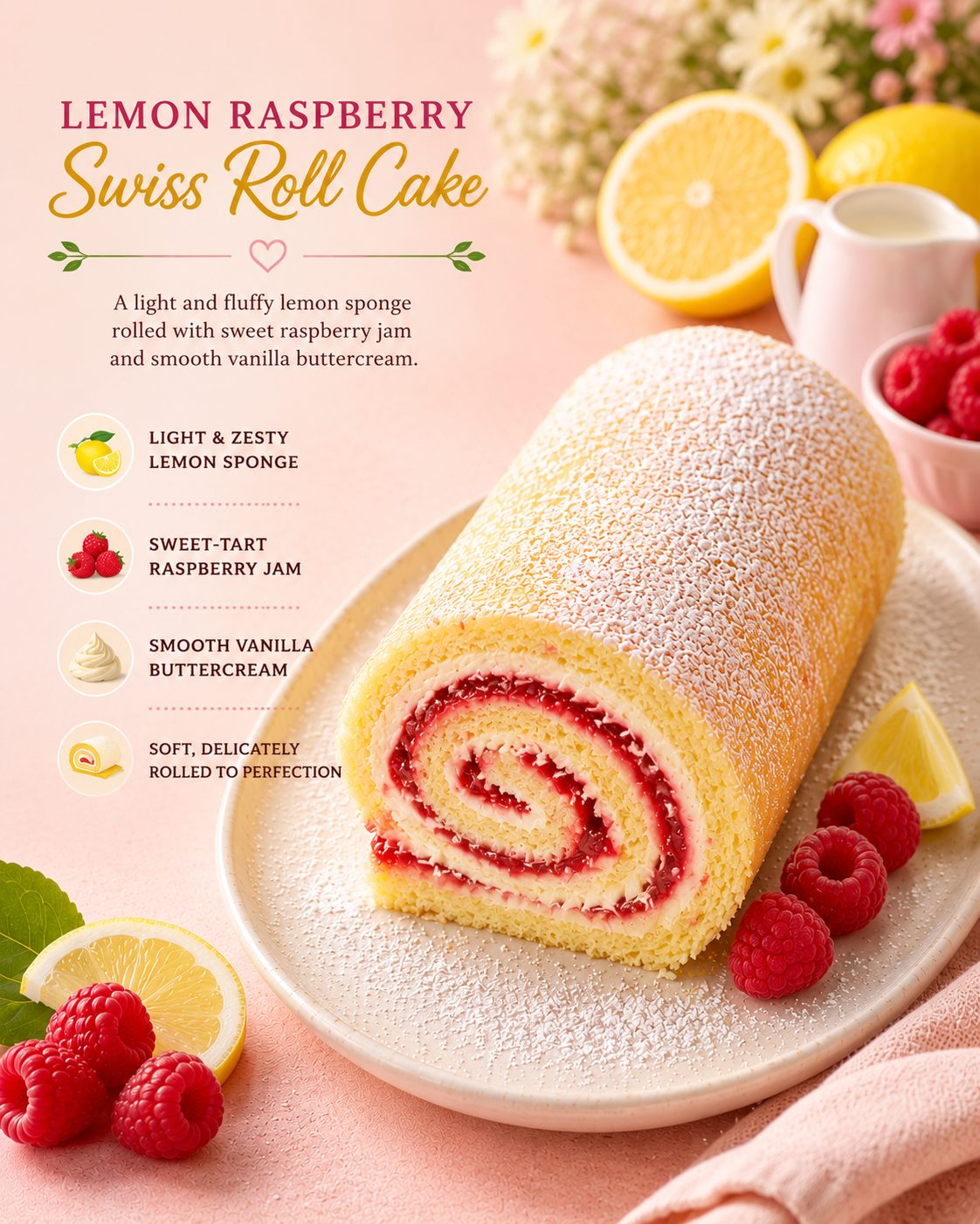 Lemon Raspberry Swiss Roll Cake